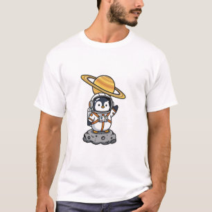 Camiseta Pingüino Astronauta Adorable Agitando en Asteroide