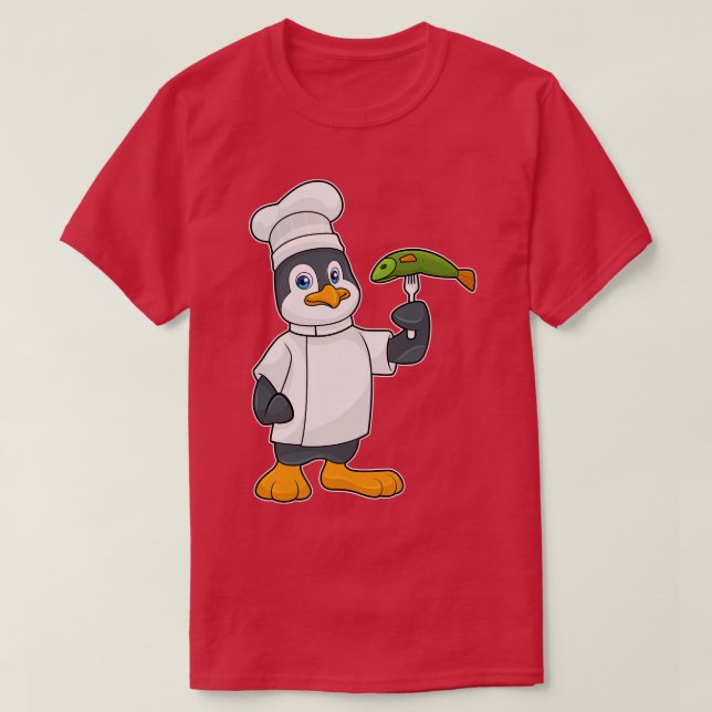 Camiseta Pingüino cocinado con delantal de cocina de pescad (Diseño del anverso)