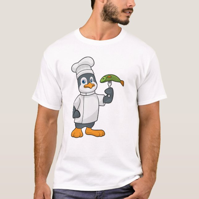 Camiseta Pingüino cocinado con delantal de pescado y cocina (Anverso)