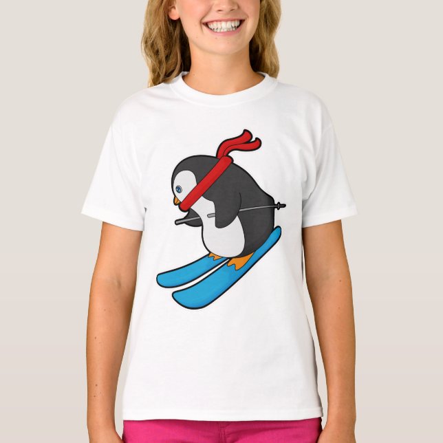 Camiseta Pingüino como esquiador con esquí (Anverso)