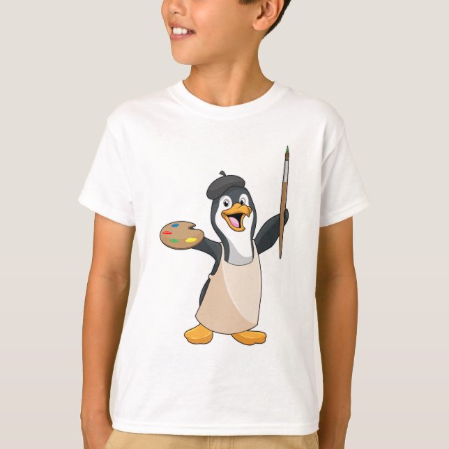 Camiseta Pingüino como pintador con pincel de pintura y col (Anverso)