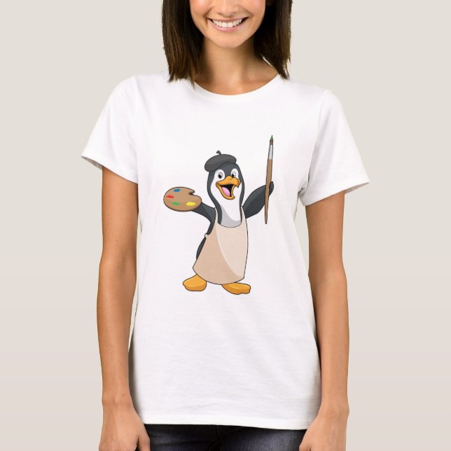 Camiseta Pingüino como pintador con pincel de pintura y col (Anverso)