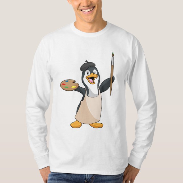 Camiseta Pingüino como pintador con pincel de pintura y col (Anverso)