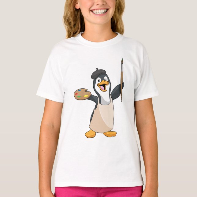 Camiseta Pingüino como pintador con pincel de pintura y col (Anverso)