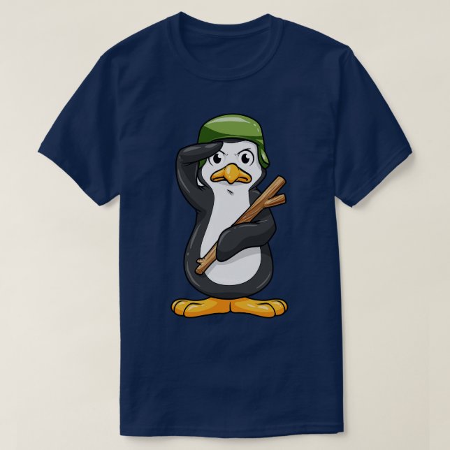 Camiseta Pingüino como soldado con casco y saludo militar (Diseño del anverso)