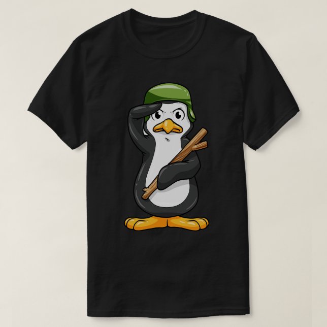 Camiseta Pingüino como soldado con casco y saludos militare (Diseño del anverso)