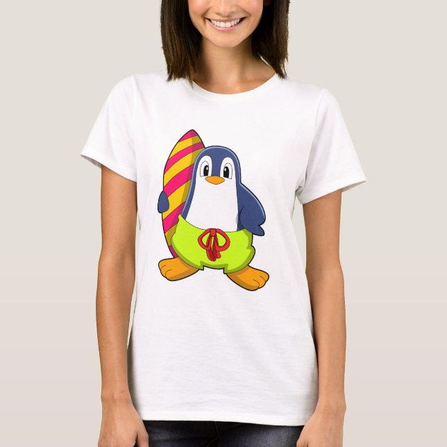 Camiseta Pingüino como surfista con tabla de surf (Anverso)