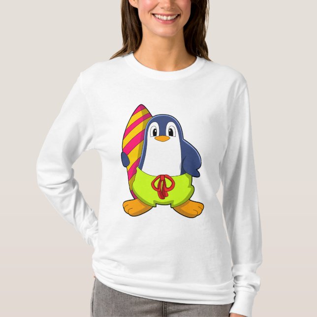 Camiseta Pingüino como surfista con tabla de surf (Anverso)