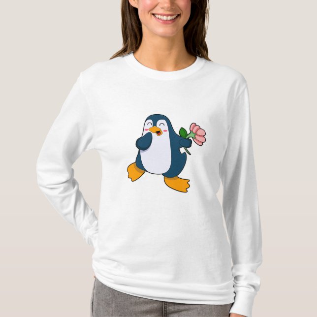 Camiseta Pingüino con flor rosa (Anverso)