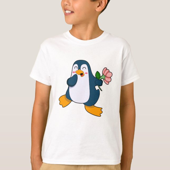Camiseta Pingüino con flor rosa (Anverso)