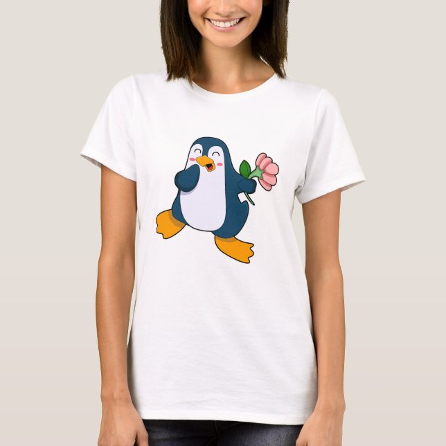Camiseta Pingüino con flor rosa (Anverso)