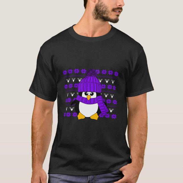 Camiseta Pingüino Con Gorra Púrpura Y Navidades Feo (Anverso)