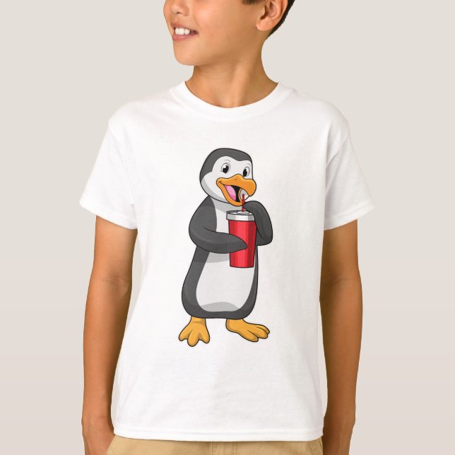 Camiseta Pingüino con taza de bebida con paja (Anverso)