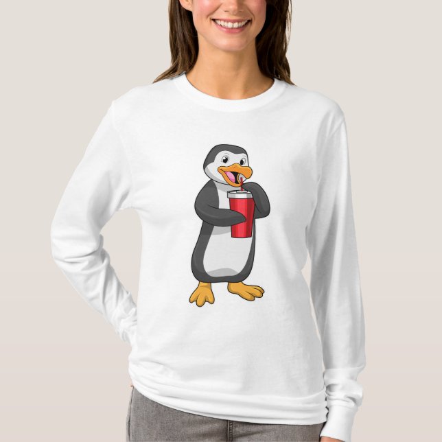 Camiseta Pingüino con taza de bebida con paja (Anverso)
