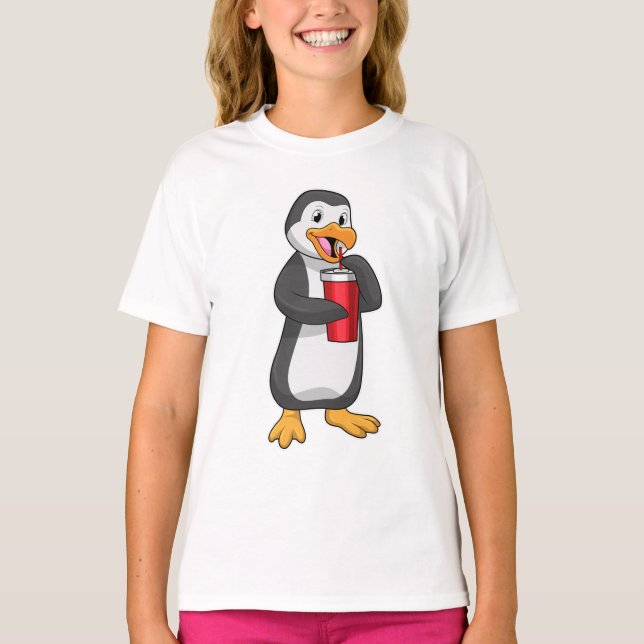 Camiseta Pingüino con taza de bebida con paja (Anverso)