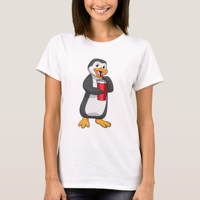 Camiseta Pingüino con taza de bebida con paja (Anverso)