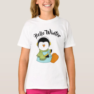 Camiseta Pingüino con un Abrigo Azul Hola Invierno