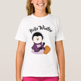 Camiseta Pingüino con un abrigo morado Hola invierno