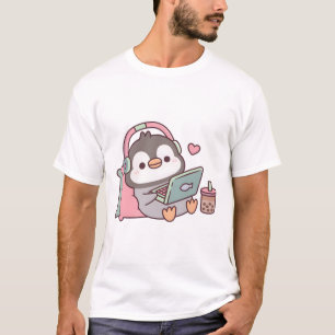 Camiseta Pingüino Cutáneo Con Portátil Y Té Boba