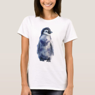 Camiseta Pingüino Emperador Polluelo Mujer Acuarela Azul
