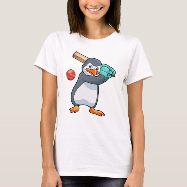 Camiseta Pingüino en el críquet con bate de críquet (Anverso)