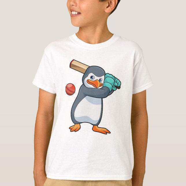 Camiseta Pingüino en el críquet con bate de críquet (Anverso)