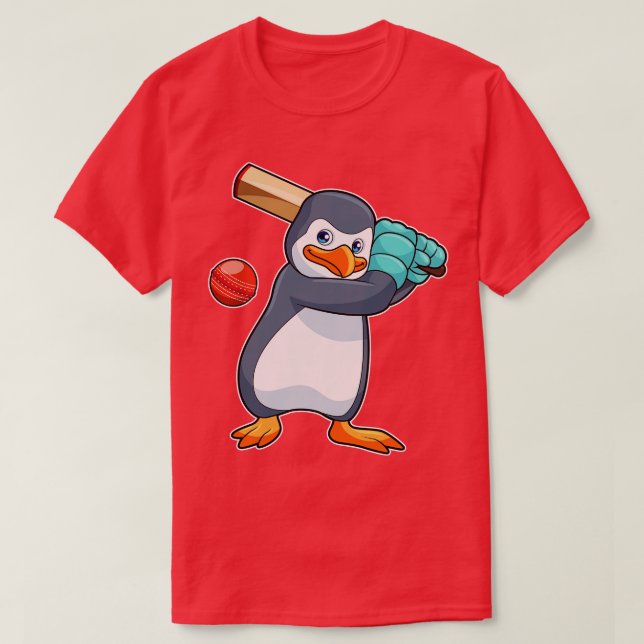Camiseta Pingüino en el críquet con bate de críquet (Diseño del anverso)