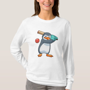 Camiseta Pingüino en el críquet con bate de críquet