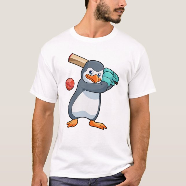 Camiseta Pingüino en el críquet con bate de críquet (Anverso)