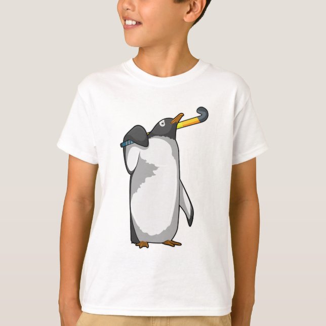 Camiseta Pingüino en hockey con bastón de hockey (Anverso)
