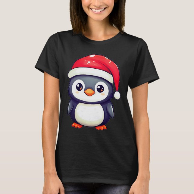 Camiseta Pingüino Kawaii usando un acogedor Sombrero Santa  (Anverso)