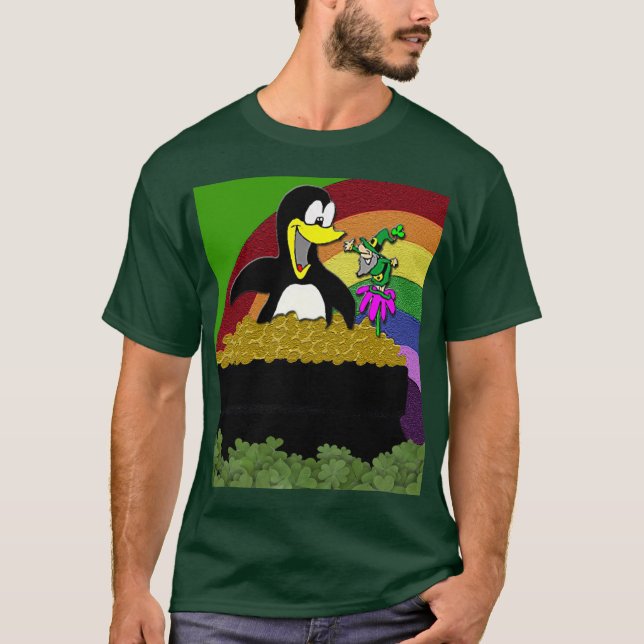 Camiseta pingüino, leprechaun, dorada y arcoiris (Anverso)