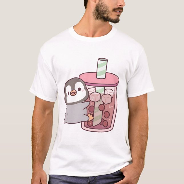 Camiseta Pingüino lindo abrazando té de burbuja helada (Anverso)