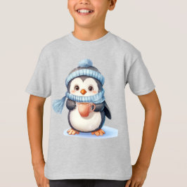 Camiseta Pingüino lindo con ropa de invierno y copa