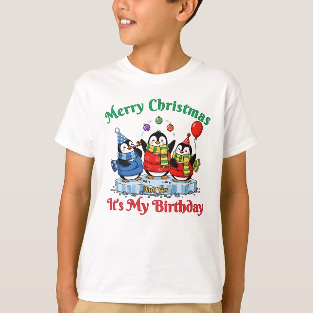 Camiseta Pingüinos Divertidos, Feliz Cumpleaños De Navidad (Anverso)