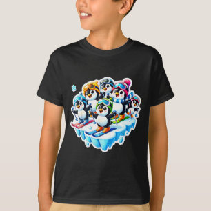 Camiseta Pingüinos emocionados esquiando juntos en una aven