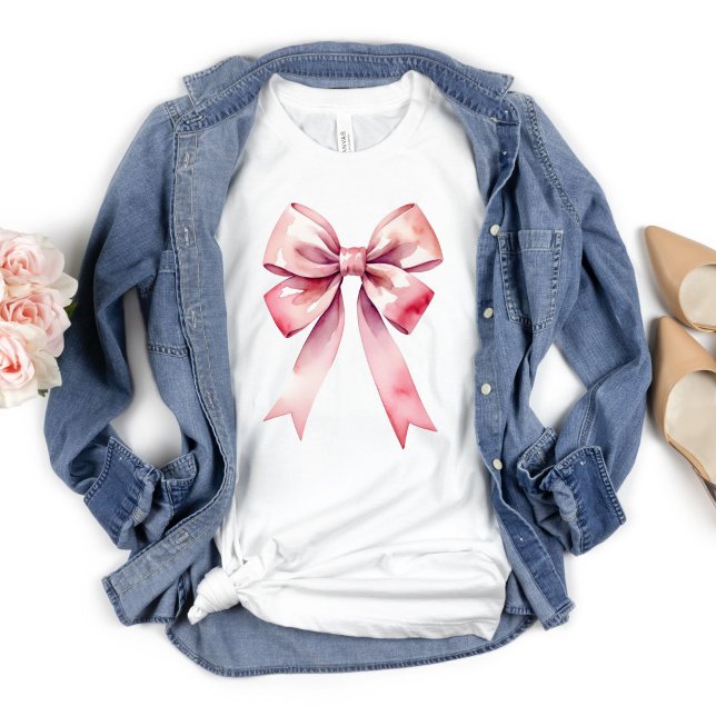 Camiseta Pink Bow Watercolor Coquette Estética Preppy (Pink Bow, Coquette Aesthetic, Preppy T-shirt for her)