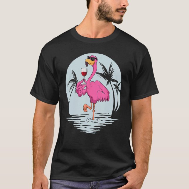Camiseta Pink Flamingo Bird With Glass Of Wine Summer Vacat (Anverso)