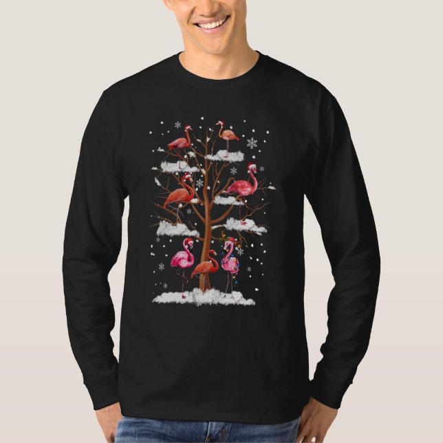 Camiseta Pink Flamingo Christmas Tree Light Santa Hat  Xmas (Anverso)