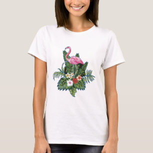 Camiseta Pink flamingo, hand painted, green leaves,