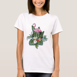 Camiseta Pink flamingo, hand painted, green leaves,