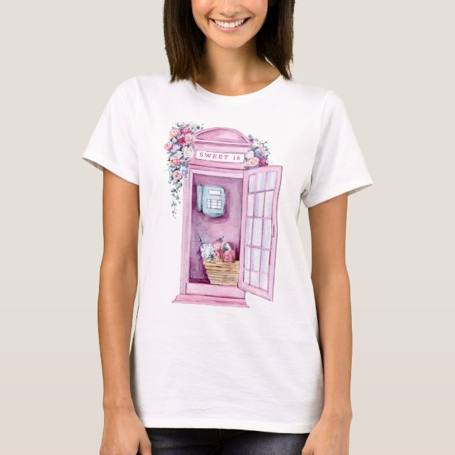 Camiseta Pink Floral Phone Booth | Dulce 16 (Anverso)