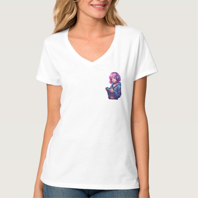 Camiseta Pink Hair Gamer Girl Neon Art (Anverso)