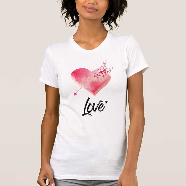 Camiseta *~* Pink Heart & Arrow Women White Watercolor (Anverso)