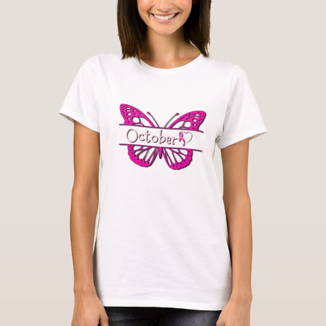 Camiseta Pink Octubre Mariposa cáncer de mama mes blanco (Anverso)