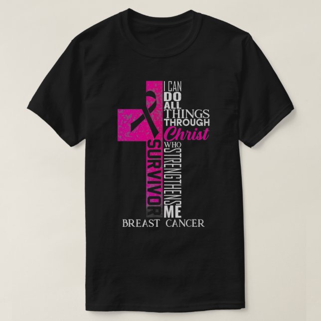 Camiseta Pink Ribbon Breast Cancer Survivor Christian Cross (Diseño del anverso)