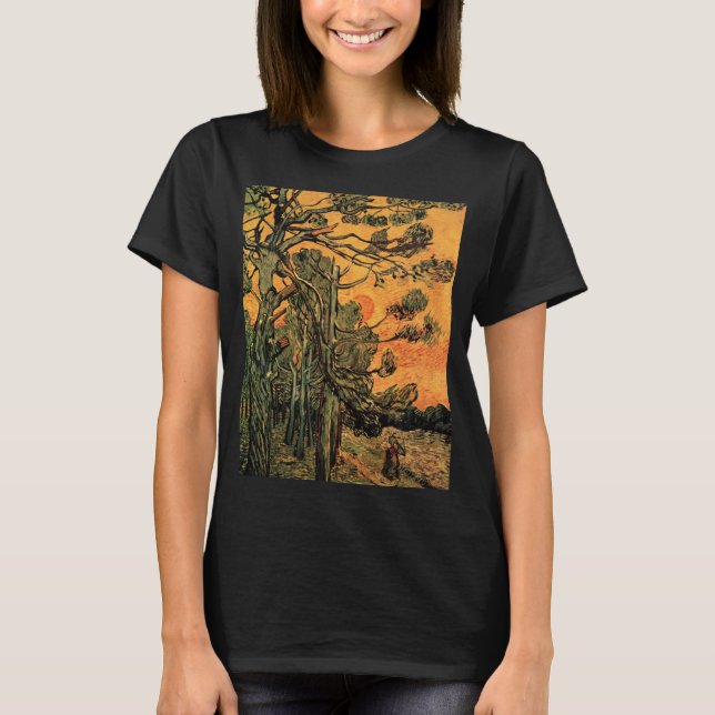 Camiseta Pinos Cielo Rojo Puesta de Sol de Vincent van Gogh (Anverso)