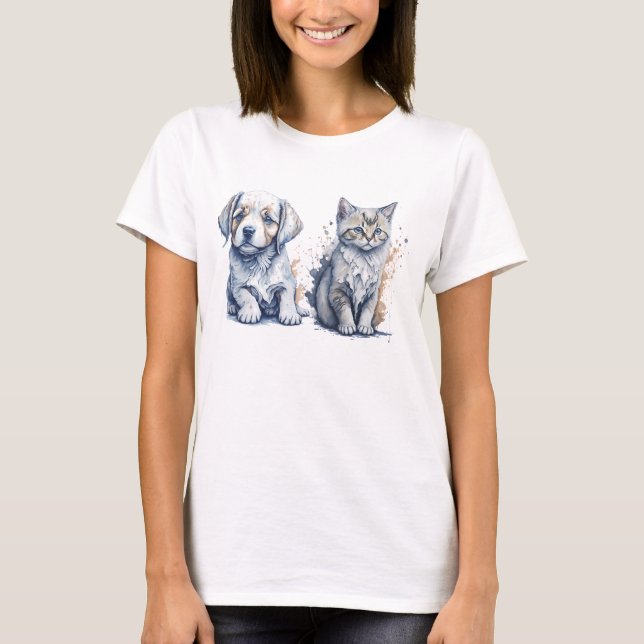 Camiseta Pintado acuarela de un cachorro y un gatito (Anverso)