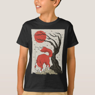 Camiseta Pintado De Estilo Japonés Del Zorro, Árbol Y Sol