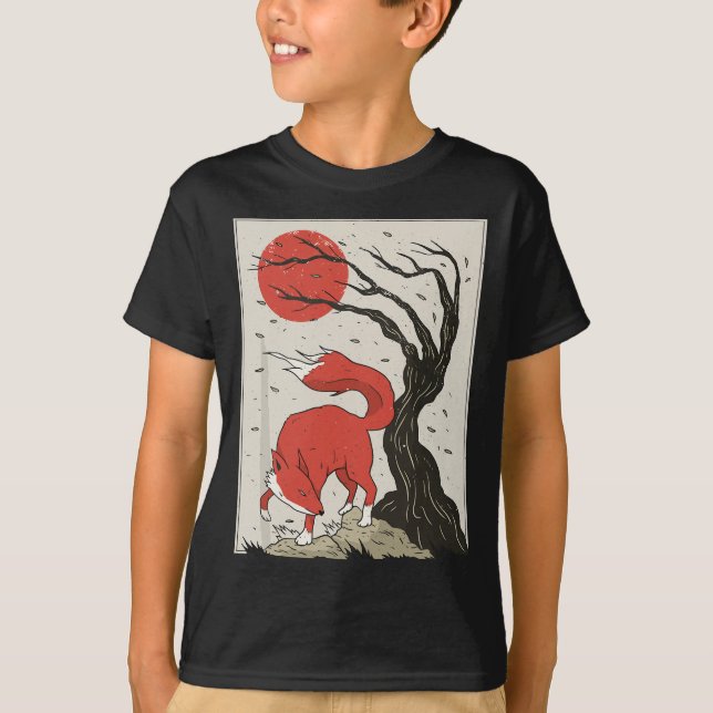 Camiseta Pintado De Estilo Japonés Del Zorro, Árbol Y Sol (Anverso)